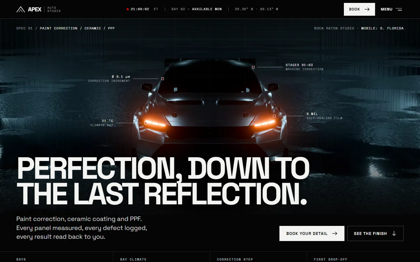 Apex Auto Studio website homepage — Premium Auto Detailing, Paint Correction & Paint Protection concept by Obsidian Webworks