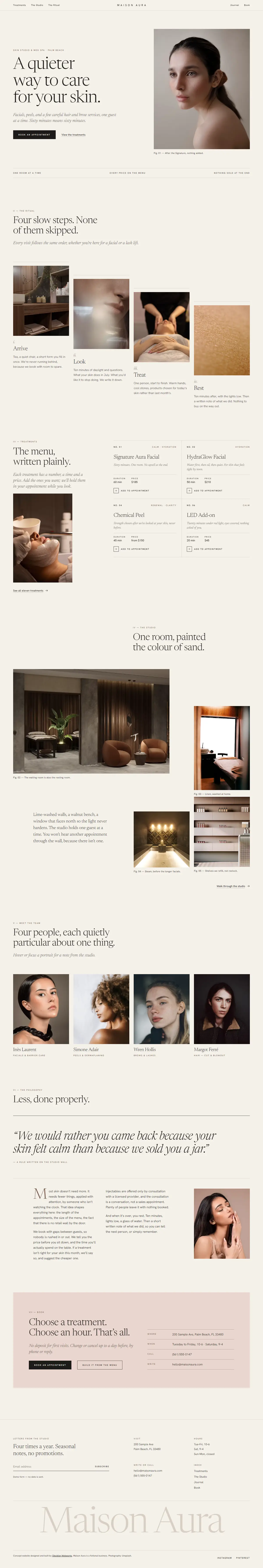 Maison Aura website section: Skin studio & med spa concept